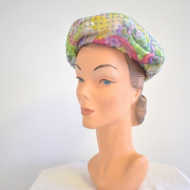 1960s Amy New York Silk Floral Beret with Netting 