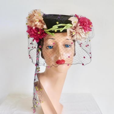 1940's Black Tilt Hat with Magenta Flowers and Velvet Flocked Face Veil Pin Up Rockabilly 40's Spring Summer Millinery Yvonne California 