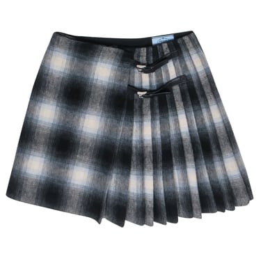 Prada - Black, Blue &amp; Beige Tartan Wool Blend Pleated Skirt Sz 8