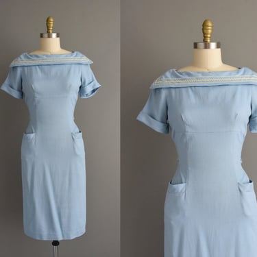 vintage 1950s dress | Chambray Blue Cotton Linen Summer Pencil Skirt Dress | Medium | 50s dress 
