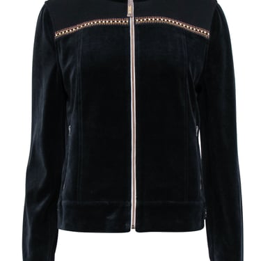 St. John - Black Velour Zipper Front Jacket w/ Gold Trim Sz S