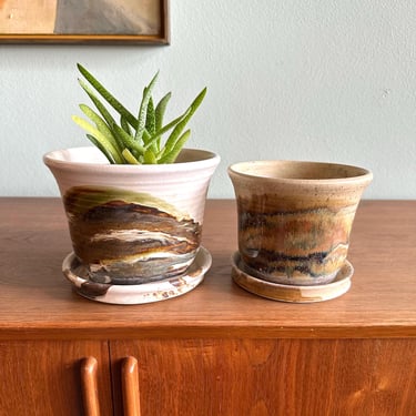 Wendt Pottery marble-glazed planter / choice of vintage studio pottery planter with attached saucer / handmade ceramic indoor plant pot 