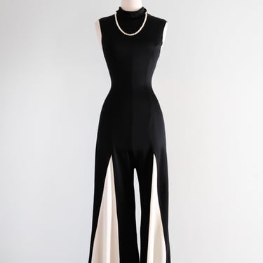 Vintage 1970's Black & White Disco Bell Bottom Jumpsuit / M