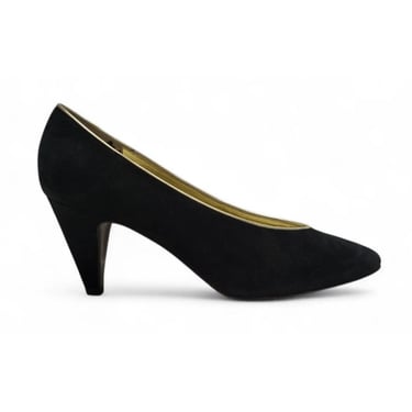 1990s Vintage Bruno Magli Pumps, Classic Black Suede Heels, Gold Trimmed Piping, Minimalist  Capsule Wardrobe 