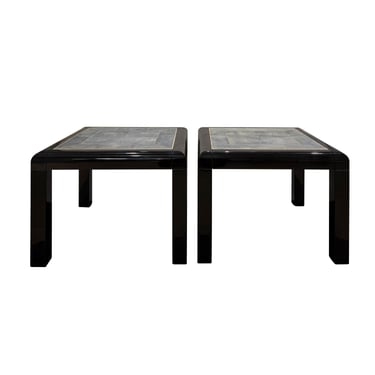 Karl Springer Pair of Stunning Black Lacquer Shagreen Top End Tables 1980s