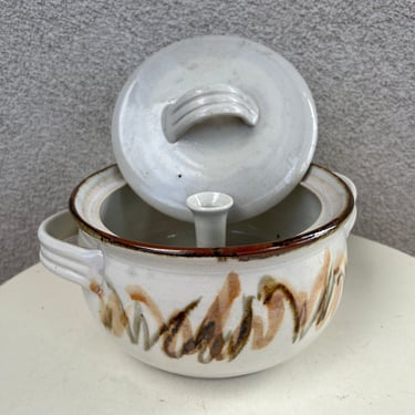 Vintage boho Vegan or vegetable steamer pottery pot in beige Browns earthy tones 