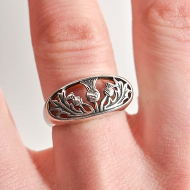 Sterling Silver Scottish Thistle Ring, Openwork Design, Cute Silver Stacking Ring, Size 7 US 