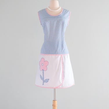 CUTE 1960's Baby Blue &amp; Pink Gingham Daisy Shift Dress &amp; Shorts Set / Sz M