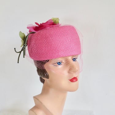 1960's Magenta Pink Woven Straw Tall Pillbox Hat Large Silk Velvet Rose Trim Face Veil 60's Spring Millinery Doree of New York Size 22 