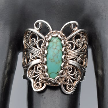80's sterling filigree turquoise size 9.75 butterfly ring, ornate DGS Turkey 925 silver hippie solitaire 
