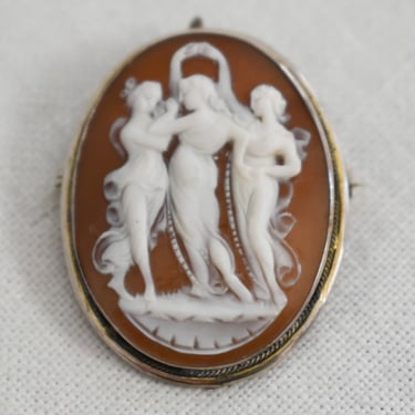 Vintage Three Muses Oval Carved Shell and 800 Silver Cameo Brooch/Pendant 