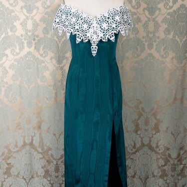 Jessica McClintock Gunne Sax Teal Moiré Column Dress with Off the Shoulder Lace Applique 