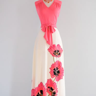 Vintage 1970's Pink POPPY Print Jersey Gown By Alfred Shaheen / Medium