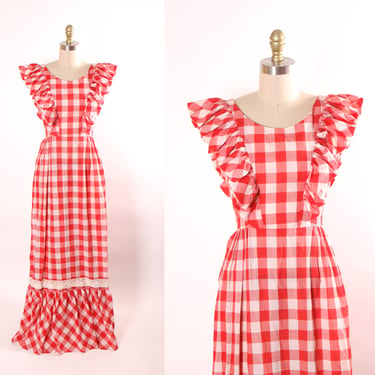 1960s Red and White Gingham Flared Poofy Shoulder Full Length Sleeveless Cottagecore Prairie Dress -XS 