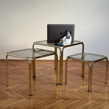 Set of 3 Vintage Square Small Glass Coffee Tables / Nesting Tables / Side Table / Sofa Table / Bauhaus Style / Italy / 1970s 