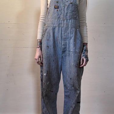 32” Waist, Vintage 1960s Osh Kosh Striped Overalls, Paint Splattered 