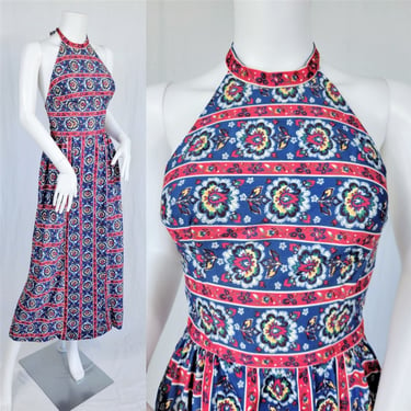 1970's Blue Red Floral Print Lanz Slinky Nylon Halter Dress I Sz Sm 