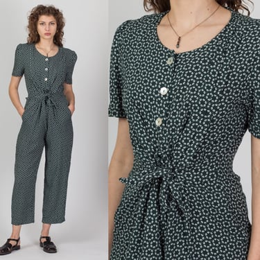 90s Kaleidoscope Print Abalone Button Up Jumpsuit - Large | Vintage Boho Green Grunge Summer Pantsuit 