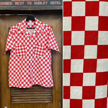Vintage 1950’s Hot Rod Flag Checkerboard Red x White Cotton Rockabilly Shirt, 50’s Loop Collar, Vintage Clothing 