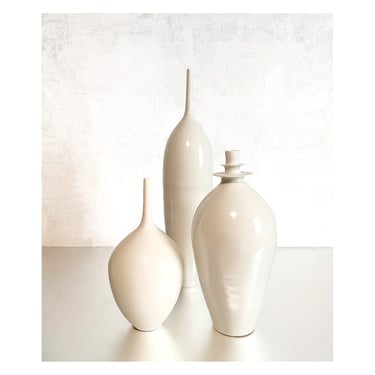SHIPS NOW- Set of 3 Stoneware Bottle Vases in Off-White Gloss Glaze 