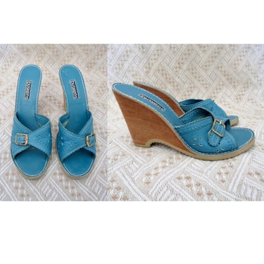 Vintage Wedge Sandals - Blue Leather Heels - 1970s 70s Shoes - Size 8.5 