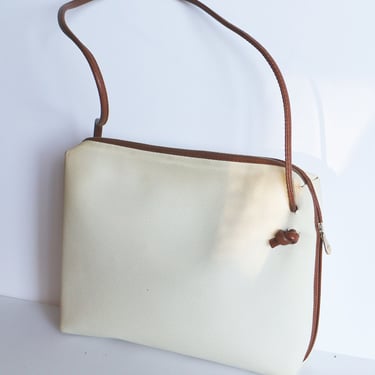 Vintage Bottega Veneta White + Brown Leather Crossbody Bag Medium Intrecciatio Carryall Minimalist 90s 1990s 2000s 