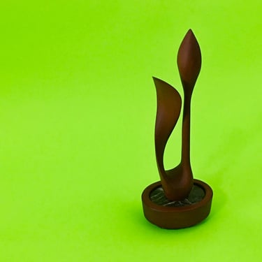 Mid Century Modern Abstract Fleur "First Blossom" Sculpture in Teak and Marble Signed L. R. Oliver 