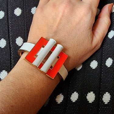 Modernist Trifari Bracelet Red White Geometric 