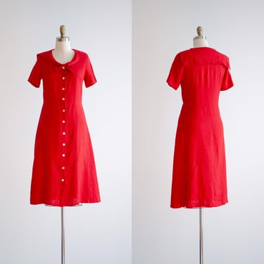 red linen dress 80s 90s vintage Carol Anderson sailor collar midi dress 