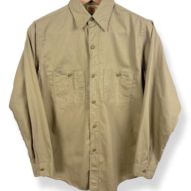 Vintage 1940s/1950s Big Horn SANFORIZED Cotton Twill Work Shirt ~ S ~ 40s/50s Work Wear ~ Khaki 