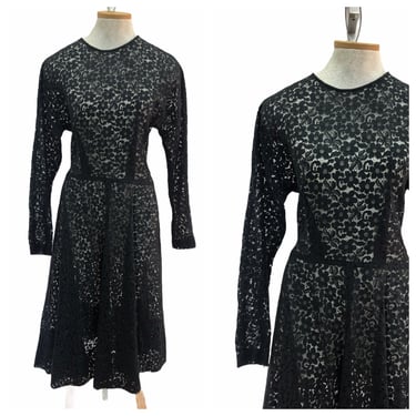 Vtg Vintage Black Lace 1950's Dolman Sleeved midi dress 