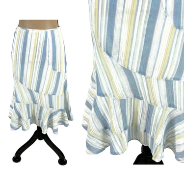 L Y2k Pastel Striped Cotton A Line Midi Skirt Large, Yellow White Light Blue, Boho Spring Summer, 2000s Clothes Women, Vintage Clothing DKNY 