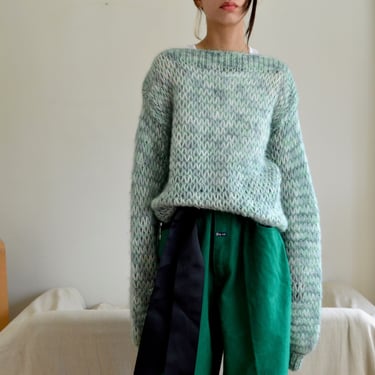 handknit loose pale green fuzzy heathered pullover sweater 