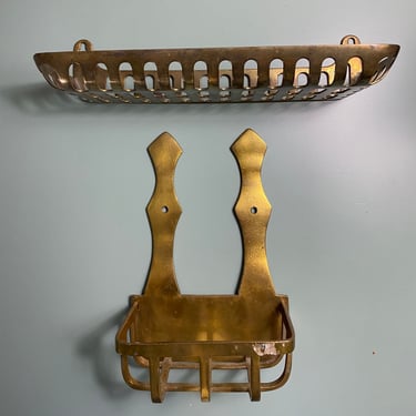Vintage Brass Hanging Soap or Sponge Dish Caddy Trays 