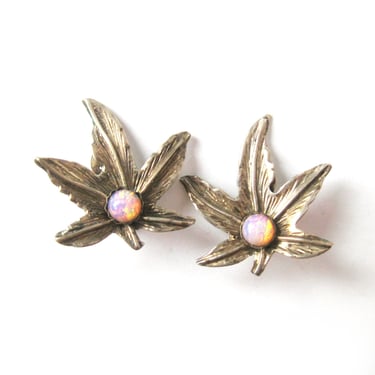 Vintage LEAF Earrings, Faux Sparkling Opal Cabochons, Clip on Earrings, Nature Theme Fall Jewelry, 800 Silver, Vintage Jewelry, Gift for Her 