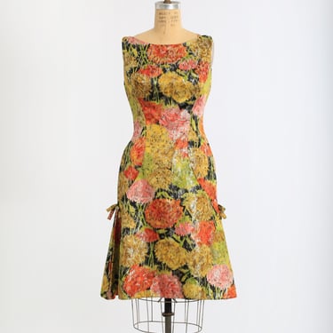 60s lurex dress | Vintage 1960s Lord & Taylor floral gold lurex dress 