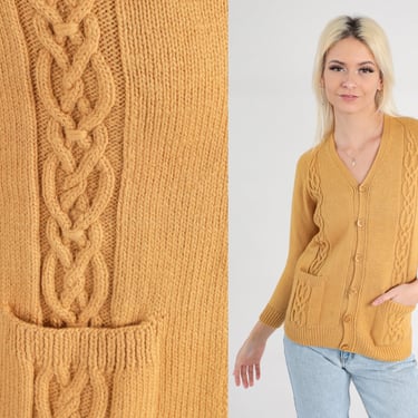 Mustard Cable Knit Cardigan 70s Boho Sweater Grandma Sweater Yellow Cableknit Button Up Vintage Raglan Sleeve 1970s Boho Extra Small xs 
