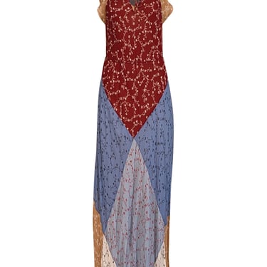 Rag & Bone - Maroon, Blue, &amp; Tan Floral Patchwork Maxi Dress S