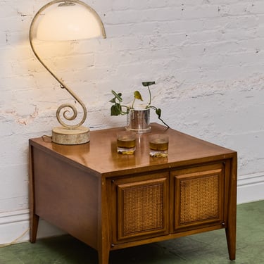 Large Vintage 1960s End Table with Rattan Doors