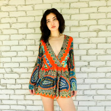 Liverpool Blouse // vintage 60s 1960s psychedelic high waist boho hippie mini dress orange mod hippy 60's 1960's // S/M 