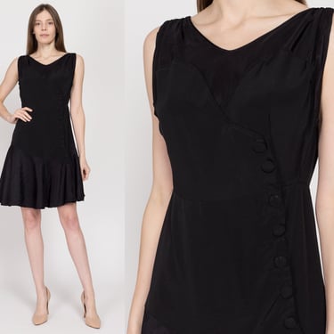 Sm-Med 1920s Black Crepe Button Front Mini Dress | Vintage 20s Sleeveless Drop Waist Fit & Flare Dress 