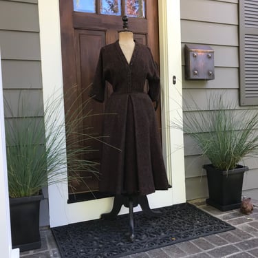 1950s Wool Tweed Tunic Dress, Herringbone, Frederick Starke of London, Jumper, Fitted, Brown Black, Period Clothing, Mid Century 