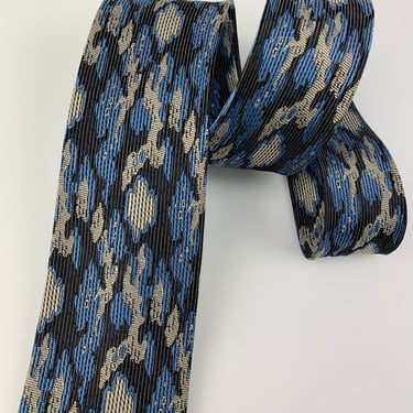 1960's Tie - Silver, Black & Blue - Interesting Weave Pattern - Imported Silk Fabric 