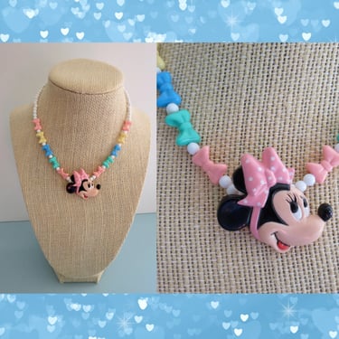 Vintage 80s Minnie Mouse Choker Necklace - Pastel Rainbow Jewelry 