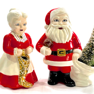 VINTAGE: 10" MR. & Mrs. Santa Clause Planters - Gold Foiled Ceramic - Holiday Decor - Christmas - Xmas - SKU 25-A-00034907 