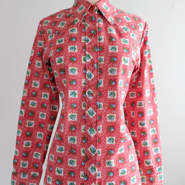 Darling 1970's Red & Blue Floral Checkered Vintage Western Shirt / Sz M