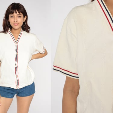 70s Top White Short Sleeve Sweater Shirt Striped Button Up Boho Mod Tennis Preppy Blouse Plain Basic Blouse 1970s Vintage Large xl l 