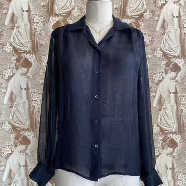 Vintage y2k sheer black silk blouse by dkny, gathered shoulders, button front, size medium, minimalist, classic fashion 