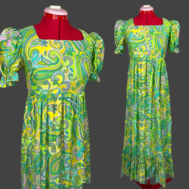 Vintage 1960s Green Paisley Mod Psychedelic Milkmaid Maxi Dress Prom 