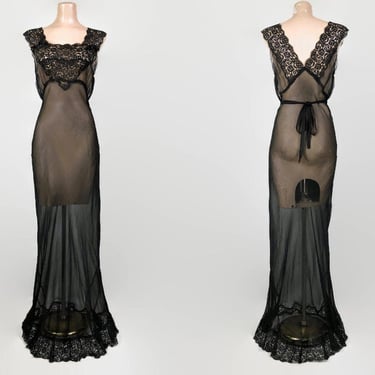 VINTAGE 30s Sheer Black Chiffon & Lace Bias Cut Nightgown Dress | 1930s Jean Harlow Evening Gown | VFG 